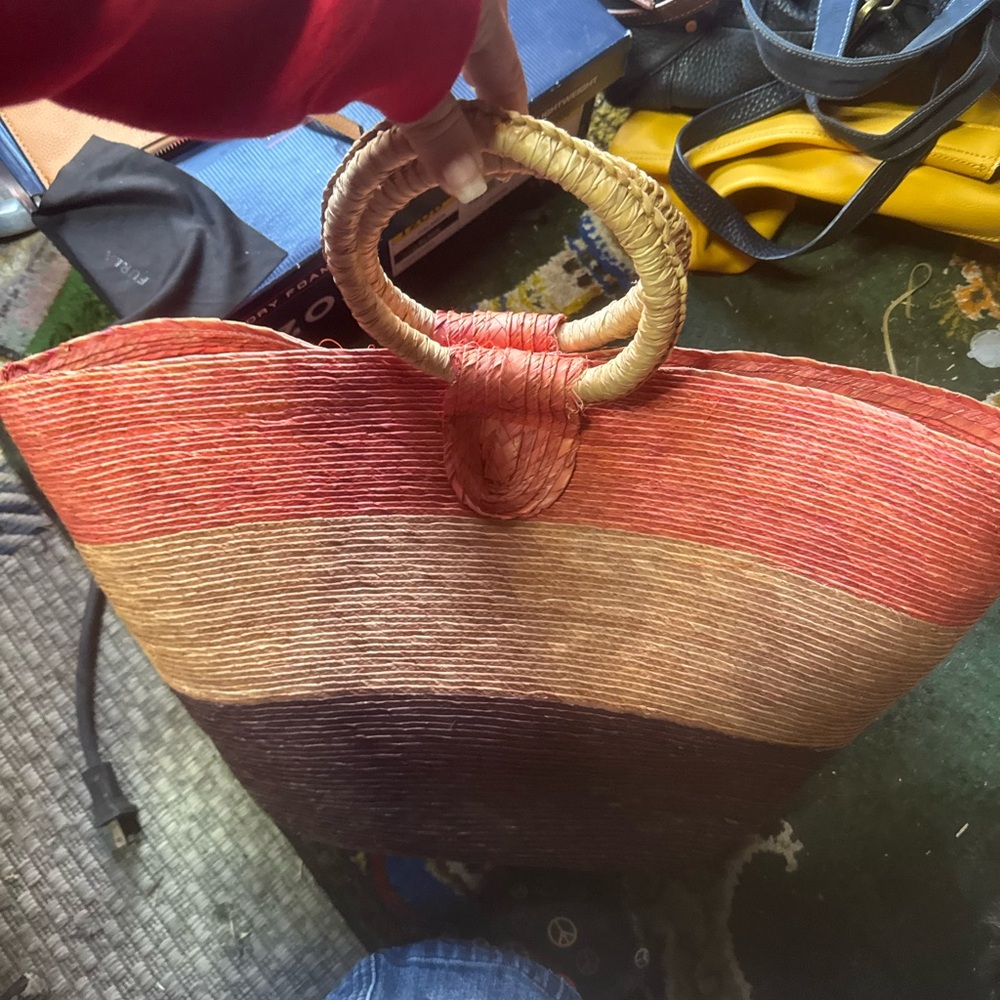 Boho Chic Colorblock Straw Beach Tote Bag with Unique Round Ring Handles